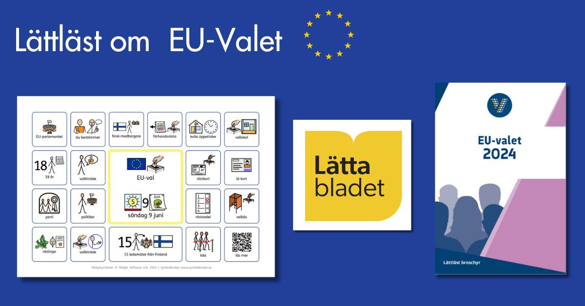 Bild av pärmen till den lättlästa broschyren om EU-valet, en diskussionskarta med bildstöd, Lätta bladets logotyp.