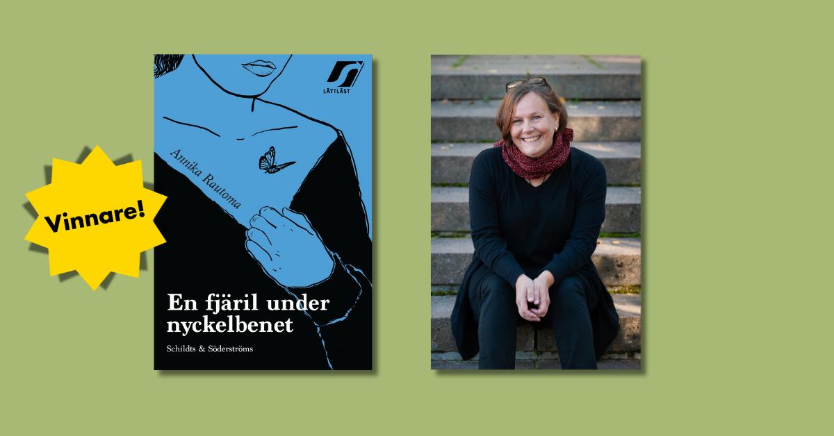 Pärmen av romanen Eb fjäril under nyckelbenet där man ser en flicka som har en tatuering. Foto på författaren Annika Rautoma.